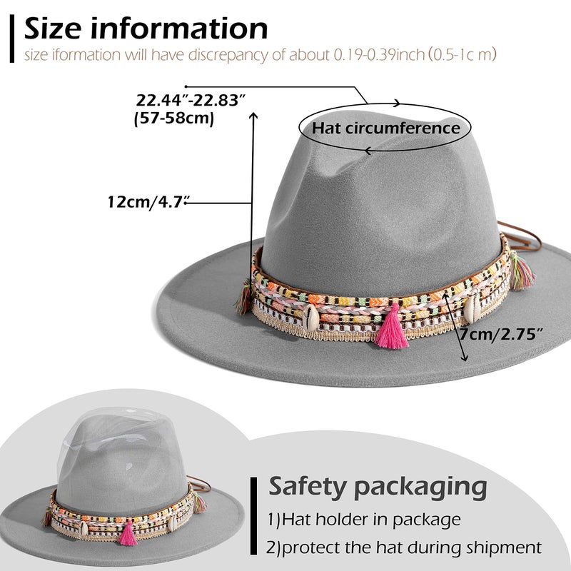 Gossifan Women's Felt Fedora Hat Wide Brim Panama Hats with Tassel-Light Grey - Image 5